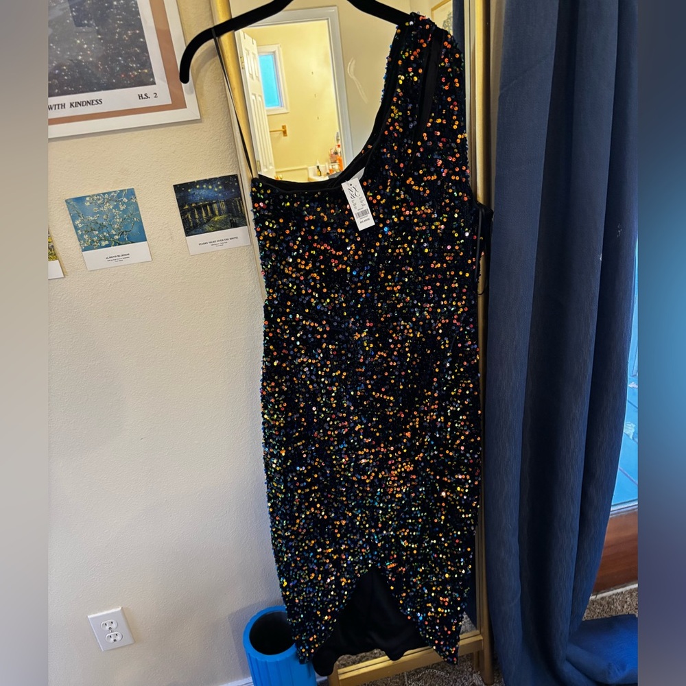 New York & Company LENA One Shoulder Midi Dress with Colorful Sequins